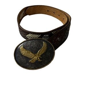 Brown Leather Belt with Gold Eagle Buckle‎ vintage MONTANA SILVERSMITHS